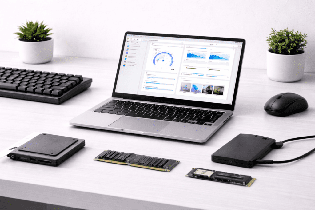 Laptop y componentes de computadora que representan hardware y software para principiantes