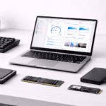 Laptop y componentes de computadora que representan hardware y software para principiantes