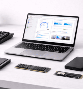 Laptop y componentes de computadora que representan hardware y software para principiantes