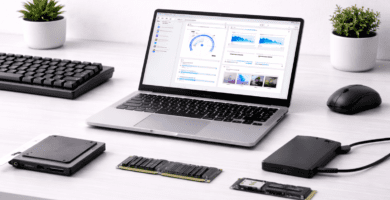 Laptop y componentes de computadora que representan hardware y software para principiantes