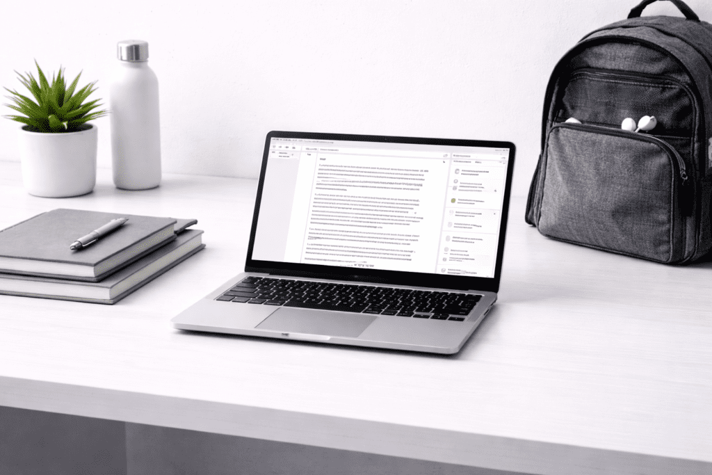 Laptop ligera para estudiar con cuadernos y mochila en un entorno de estudio portátil