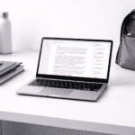 Laptop ligera para estudiar con cuadernos y mochila en un entorno de estudio portátil