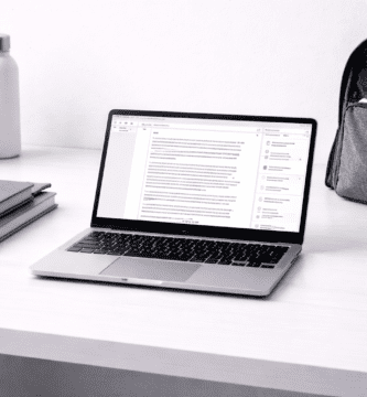 Laptop ligera para estudiar con cuadernos y mochila en un entorno de estudio portátil