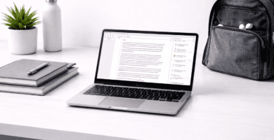 Laptop ligera para estudiar con cuadernos y mochila en un entorno de estudio portátil