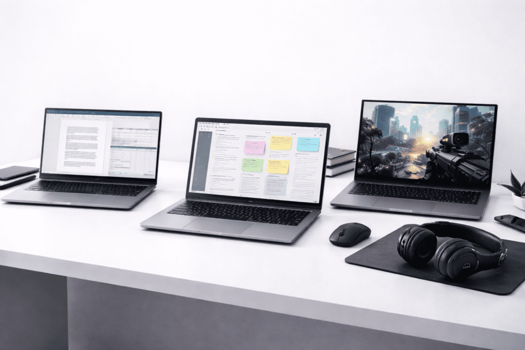 Tres laptops en un escritorio representando trabajo, estudio y gaming