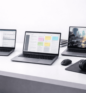 Tres laptops en un escritorio representando trabajo, estudio y gaming