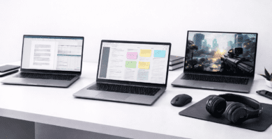 Tres laptops en un escritorio representando trabajo, estudio y gaming