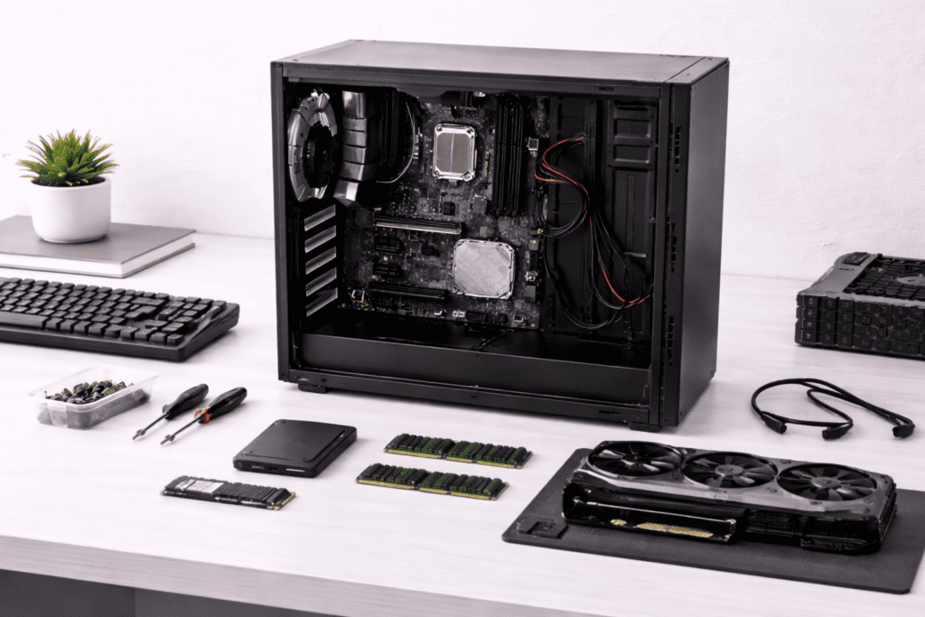 PC parcialmente ensamblada que representa errores comunes al armar una computadora