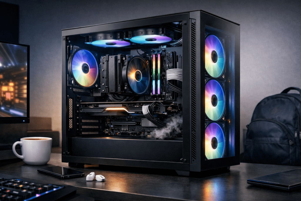 Gabinete de PC con buen flujo de aire y ventiladores internos visibles