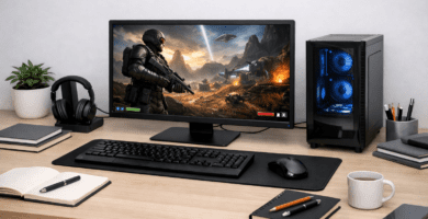 Escenario gaming con PC de escritorio y periféricos sobre un escritorio