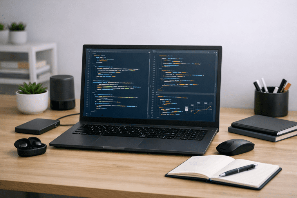 Laptop para programar con editor de código abierto en un escritorio moderno y profesional