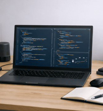 Laptop para programar con editor de código abierto en un escritorio moderno y profesional
