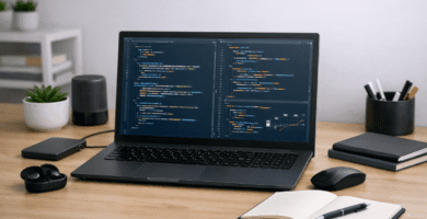 Laptop para programar con editor de código abierto en un escritorio moderno y profesional