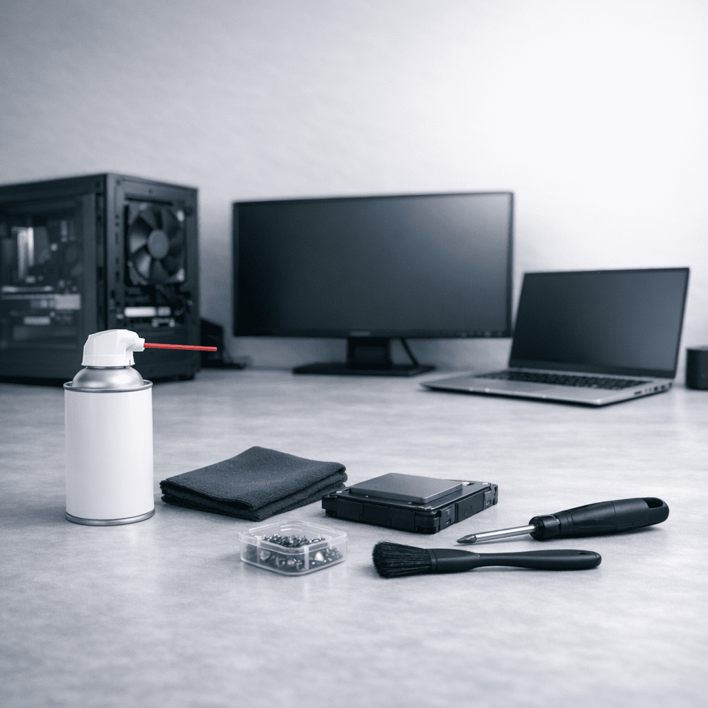 Herramientas básicas para mantenimiento de PC y laptop en un escritorio moderno