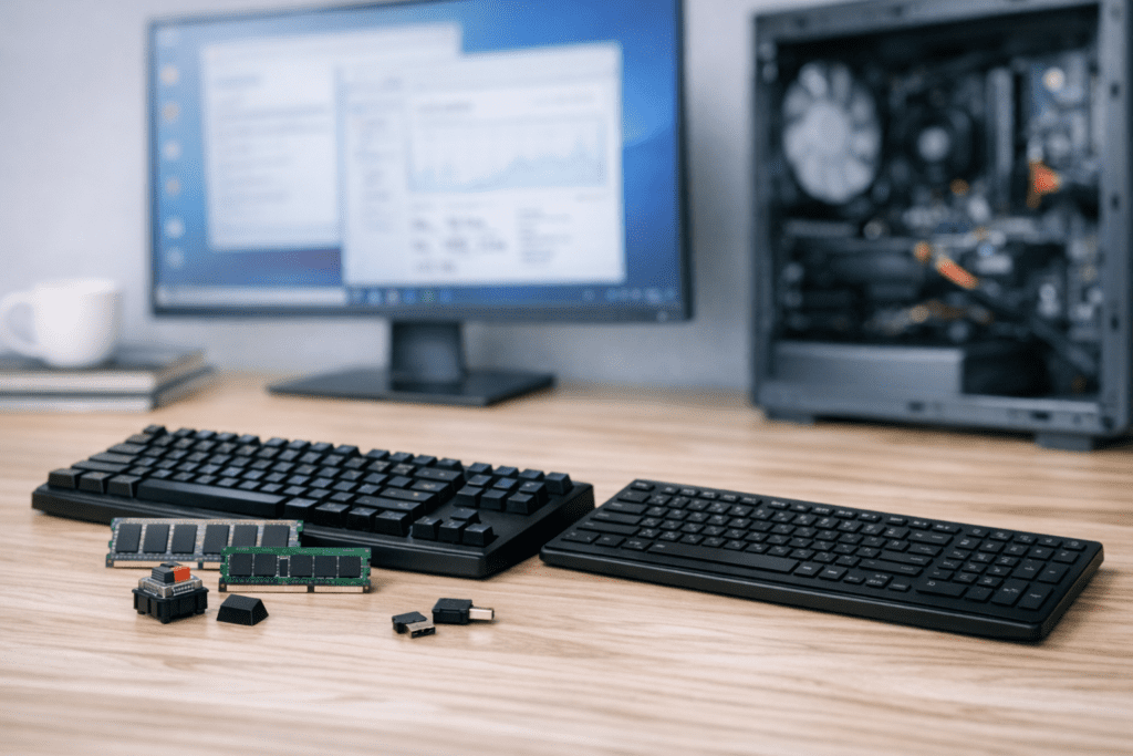 Módulos de memoria RAM junto a una computadora en un entorno tecnológico