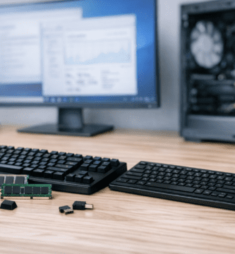 Módulos de memoria RAM junto a una computadora en un entorno tecnológico