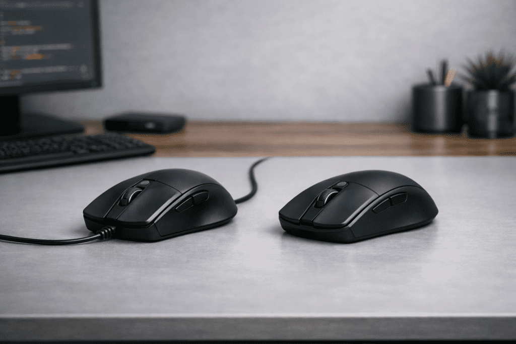 Comparación entre mouse con cable y mouse inalámbrico sobre un escritorio moderno