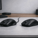 Comparación entre mouse con cable y mouse inalámbrico sobre un escritorio moderno