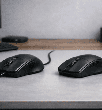 Comparación entre mouse con cable y mouse inalámbrico sobre un escritorio moderno