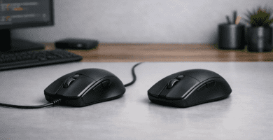 Comparación entre mouse con cable y mouse inalámbrico sobre un escritorio moderno