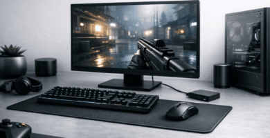 Estación de gaming en PC mostrando un videojuego en ejecución