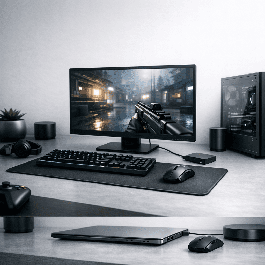 Estación de gaming en PC mostrando un videojuego en ejecución
