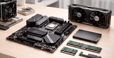 Componentes principales de una computadora de escritorio organizados sobre un escritorio