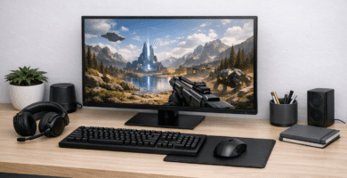 Periféricos de computadora como teclado, mouse, audífonos y monitor