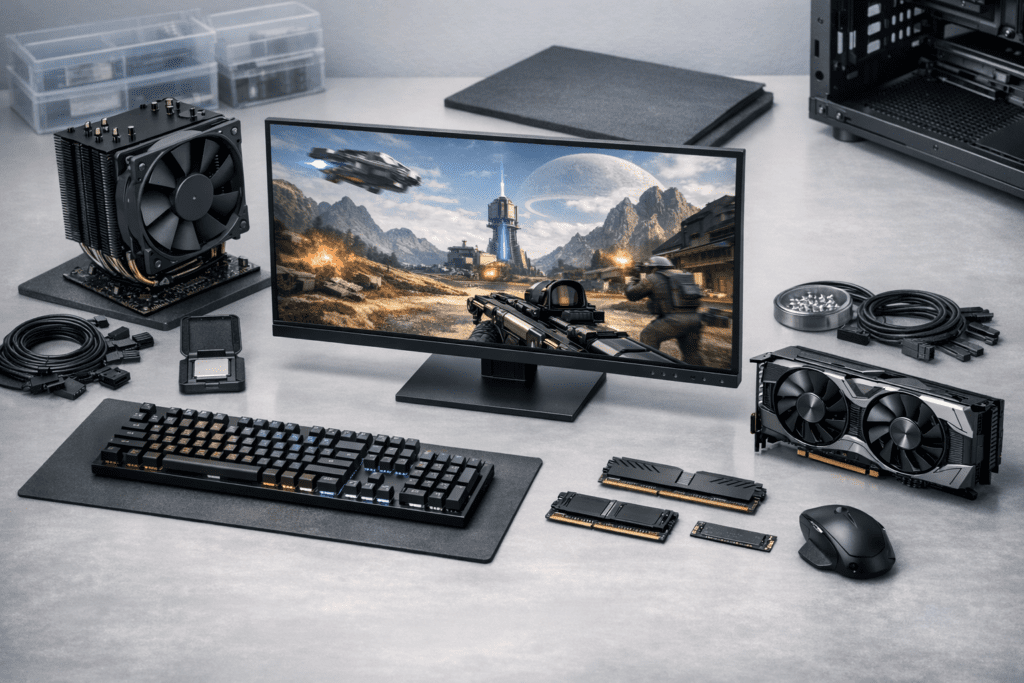 Componentes de computadora organizados antes de planificar una compra de PC