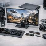 Componentes de computadora organizados antes de planificar una compra de PC