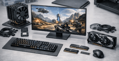 Componentes de computadora organizados antes de planificar una compra de PC