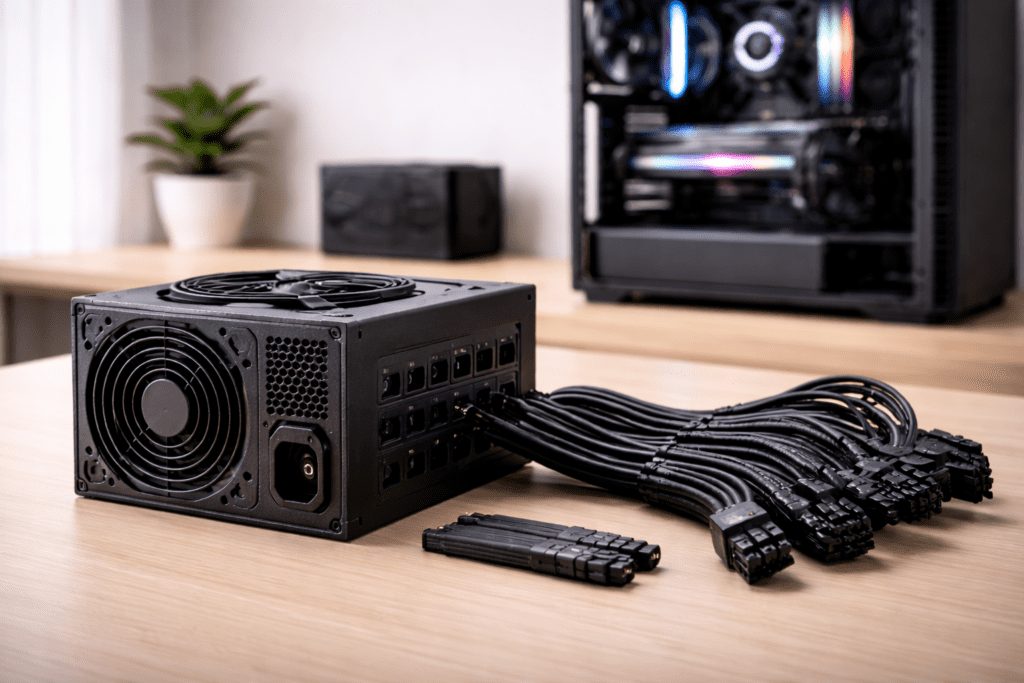Fuente de poder de computadora con cables de alimentación visibles