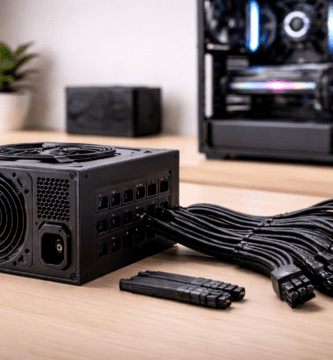 Fuente de poder de computadora con cables de alimentación visibles