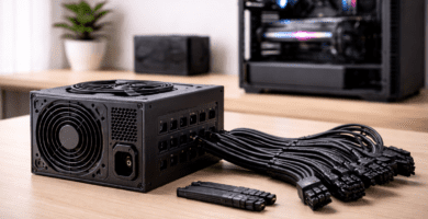 Fuente de poder de computadora con cables de alimentación visibles