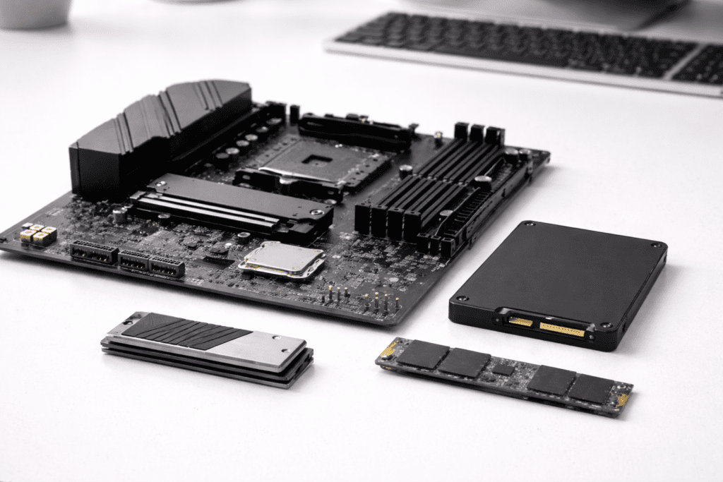 Componentes físicos de hardware de una computadora sobre un escritorio moderno