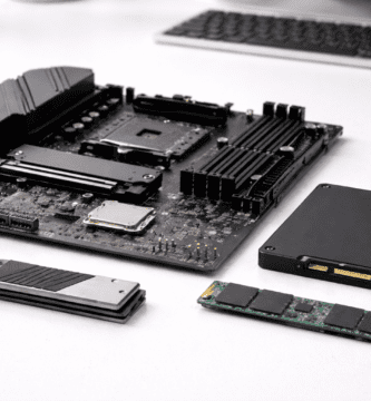 Componentes físicos de hardware de una computadora sobre un escritorio moderno