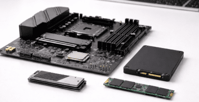 Componentes físicos de hardware de una computadora sobre un escritorio moderno