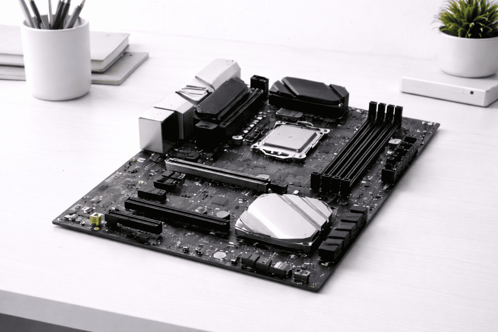 Placa base de computadora con procesador y memoria RAM visibles
