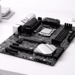 Placa base de computadora con procesador y memoria RAM visibles