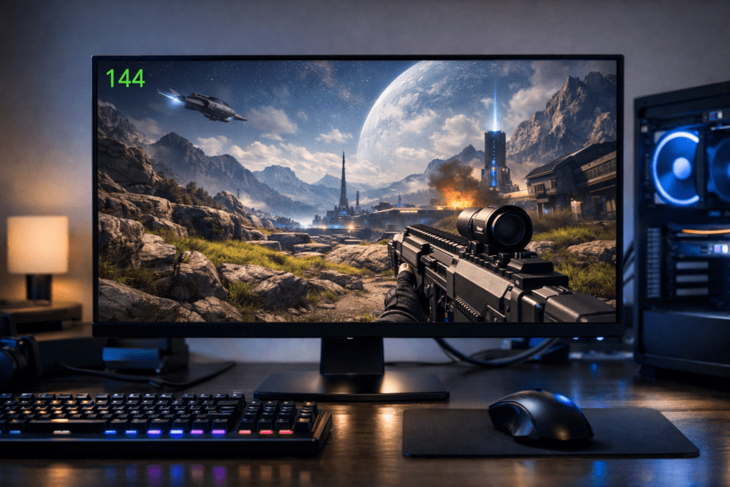 Monitor gaming mostrando alta resolución y FPS durante una partida