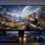 Monitor gaming mostrando alta resolución y FPS durante una partida