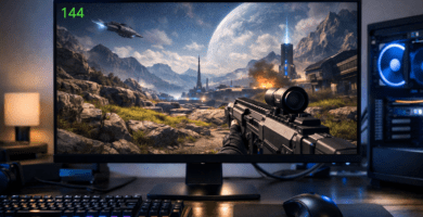 Monitor gaming mostrando alta resolución y FPS durante una partida