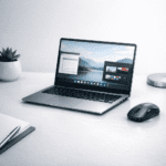 Ultrabook con diseño delgado y portátil sobre escritorio de trabajo