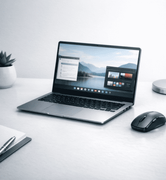 Ultrabook con diseño delgado y portátil sobre escritorio de trabajo