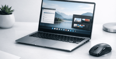 Ultrabook con diseño delgado y portátil sobre escritorio de trabajo