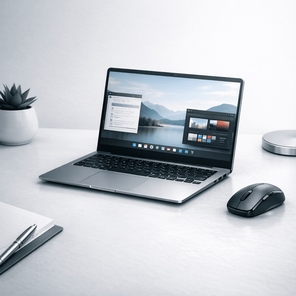 Ultrabook con diseño delgado y portátil sobre escritorio de trabajo