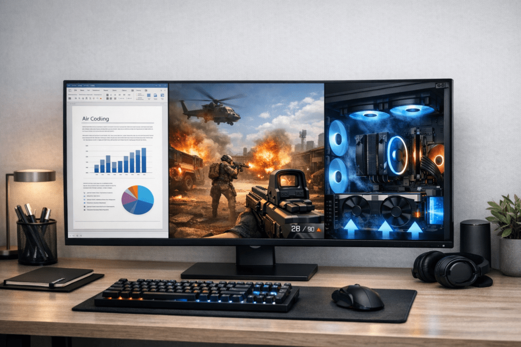 Monitor utilizado para trabajo, gaming y consumo multimedia en un escritorio