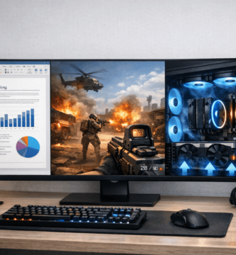 Monitor utilizado para trabajo, gaming y consumo multimedia en un escritorio