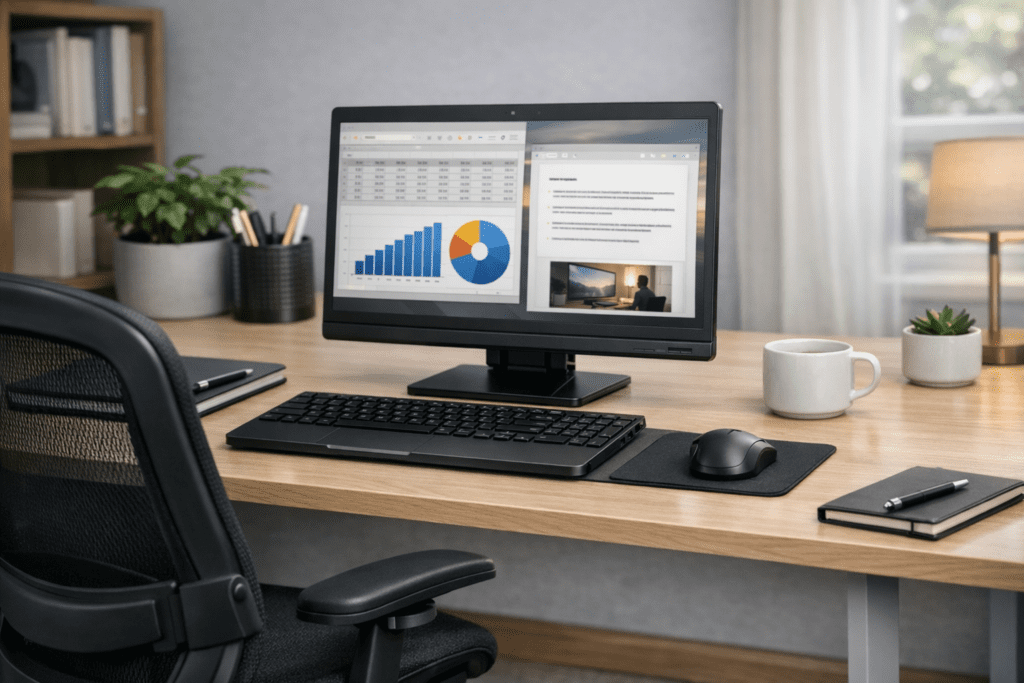 Escritorio con periféricos colocados de forma ergonómica para uso prolongado