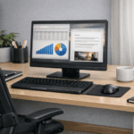 Escritorio con periféricos colocados de forma ergonómica para uso prolongado